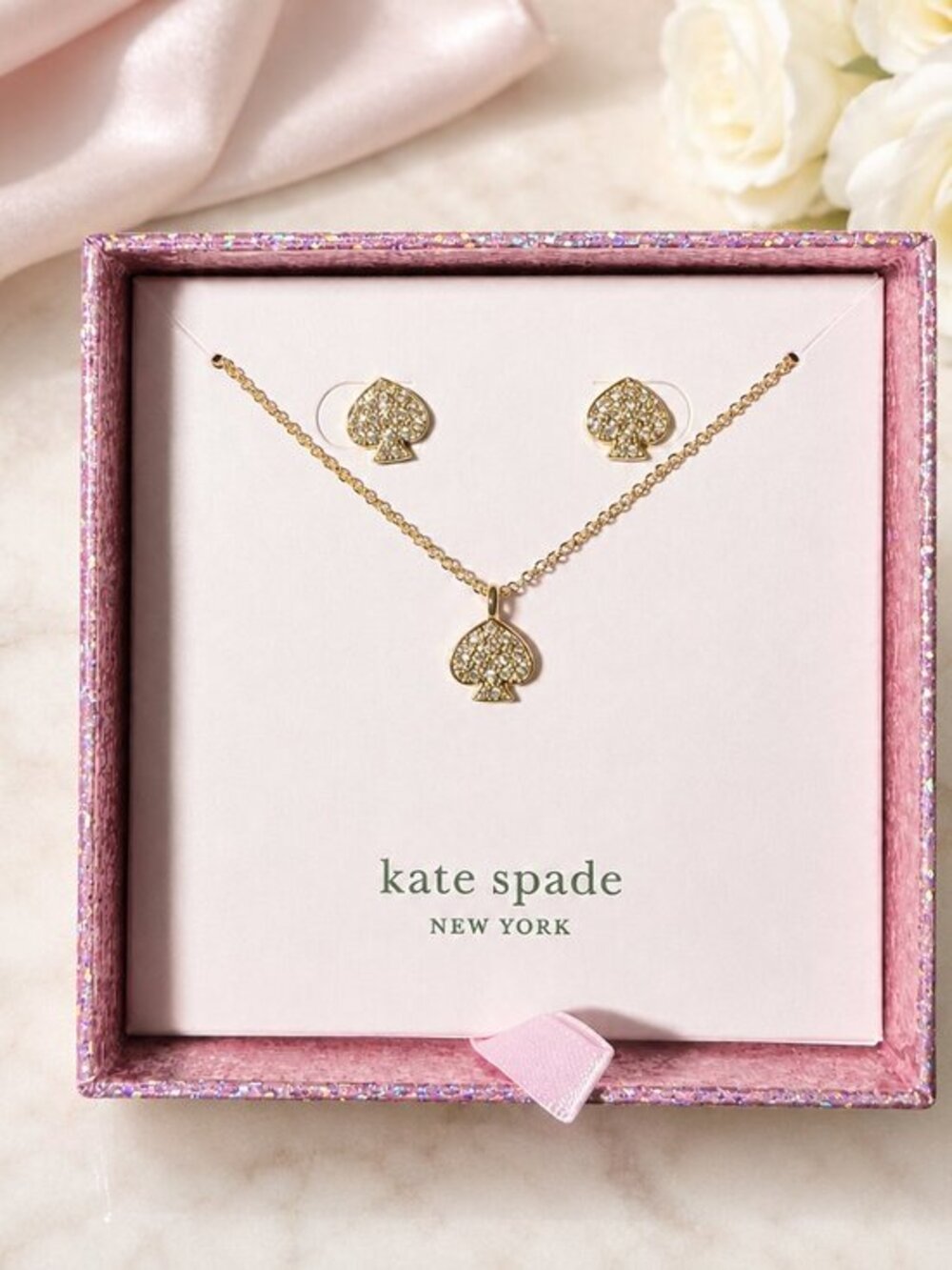 Kate Spade 14K Gold Plate Pavé Spade Necklace Earring Set Gift Boxed NWT